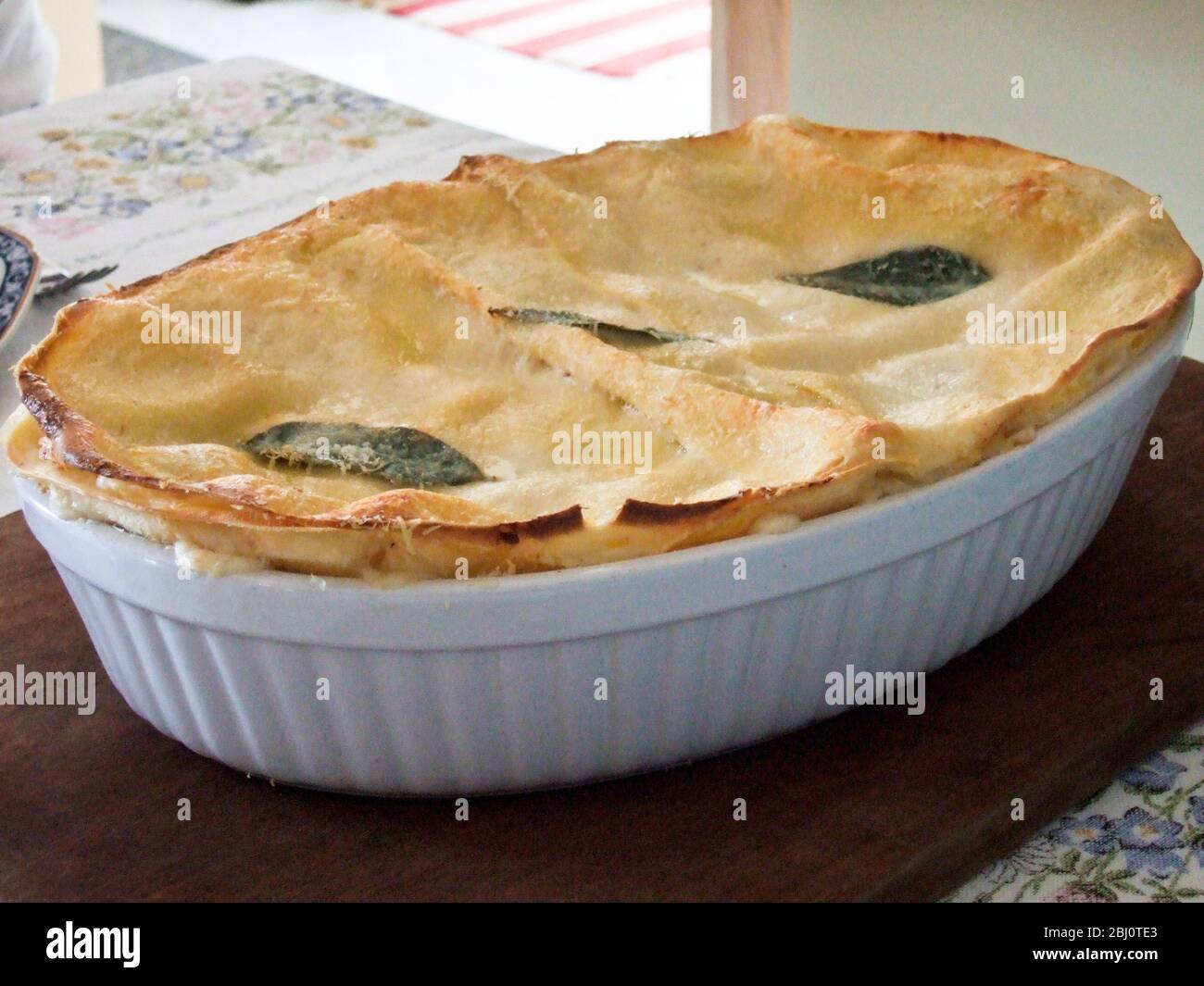 Lasagnes dans un plat en céramique ovale, décoré de feuilles de laurier - Banque D'Images