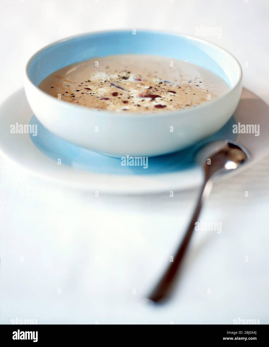 Bol simple de soupe de crabe sur nappe en lin blanc avec cuillère - Banque D'Images