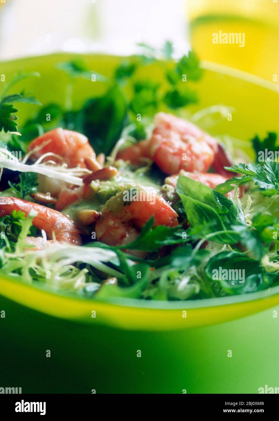 Crevettes géantes fraîches avec vinaigrette aux avocat et aux pignons sur salade de laitue frisée, feuilles de bébé, basilic, persil plat, dans un bol en verre vert - Banque D'Images