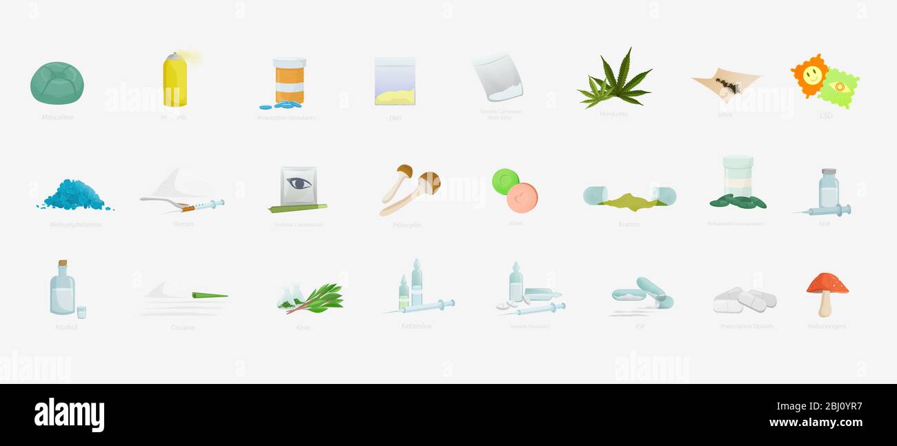 Icônes de stupéfiants illustrées en couleur. Différents types de médicaments Illustration de Vecteur