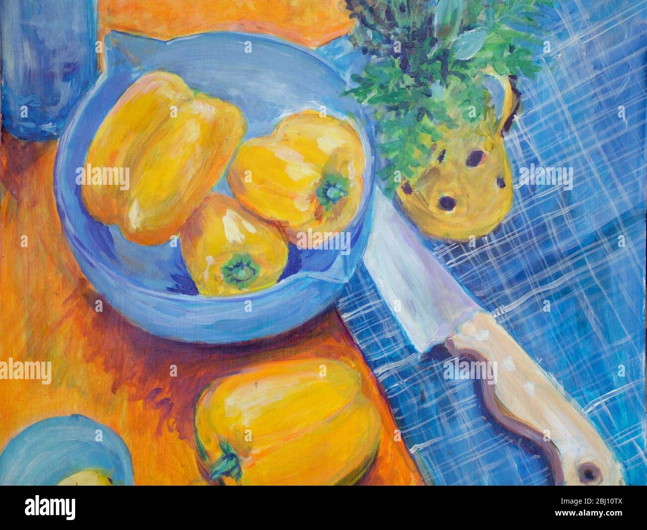 Peinture de poivrons jaunes dans un bol bleu - Banque D'Images