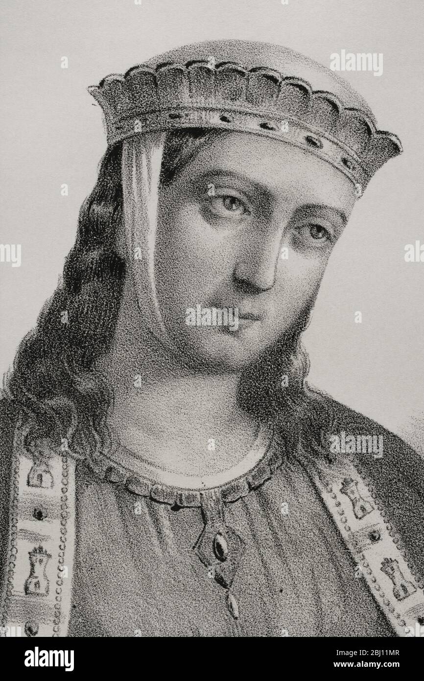 Berengaria (1180-1246). Reine de Castille et Reine consort de Leon. Portrait, détail. Illustration de Llanta. Lithographie. Cronica général de España. Historia ilustrada y Descriptiva de sus Provincias. Galice, 1866. Banque D'Images