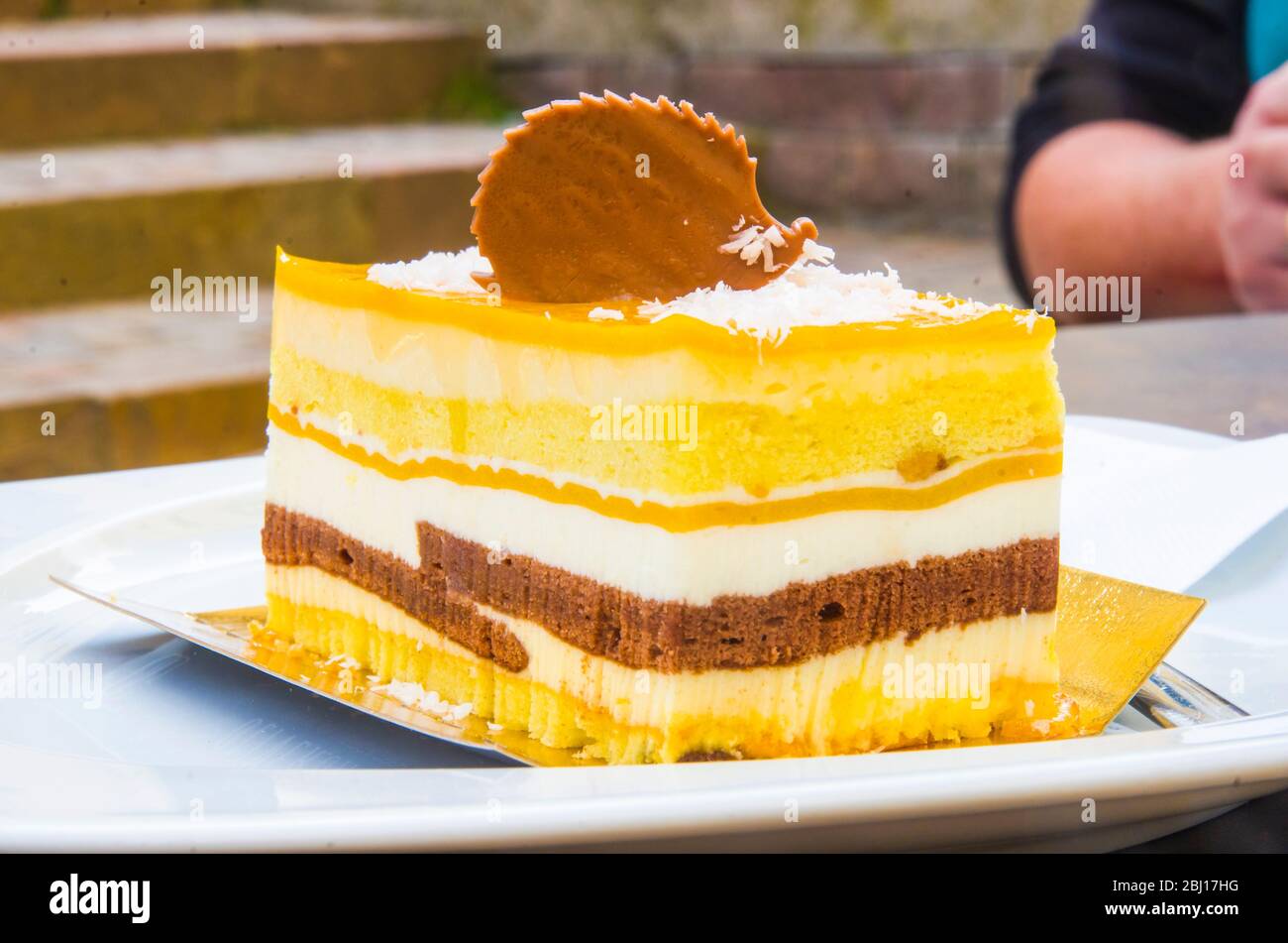 Parfait Au Chocolat Gateau Eponge Creme Et Mangue Avec Une Decoration De Porc A L Hedgiat Au Chocolat Au Lait Photo Stock Alamy