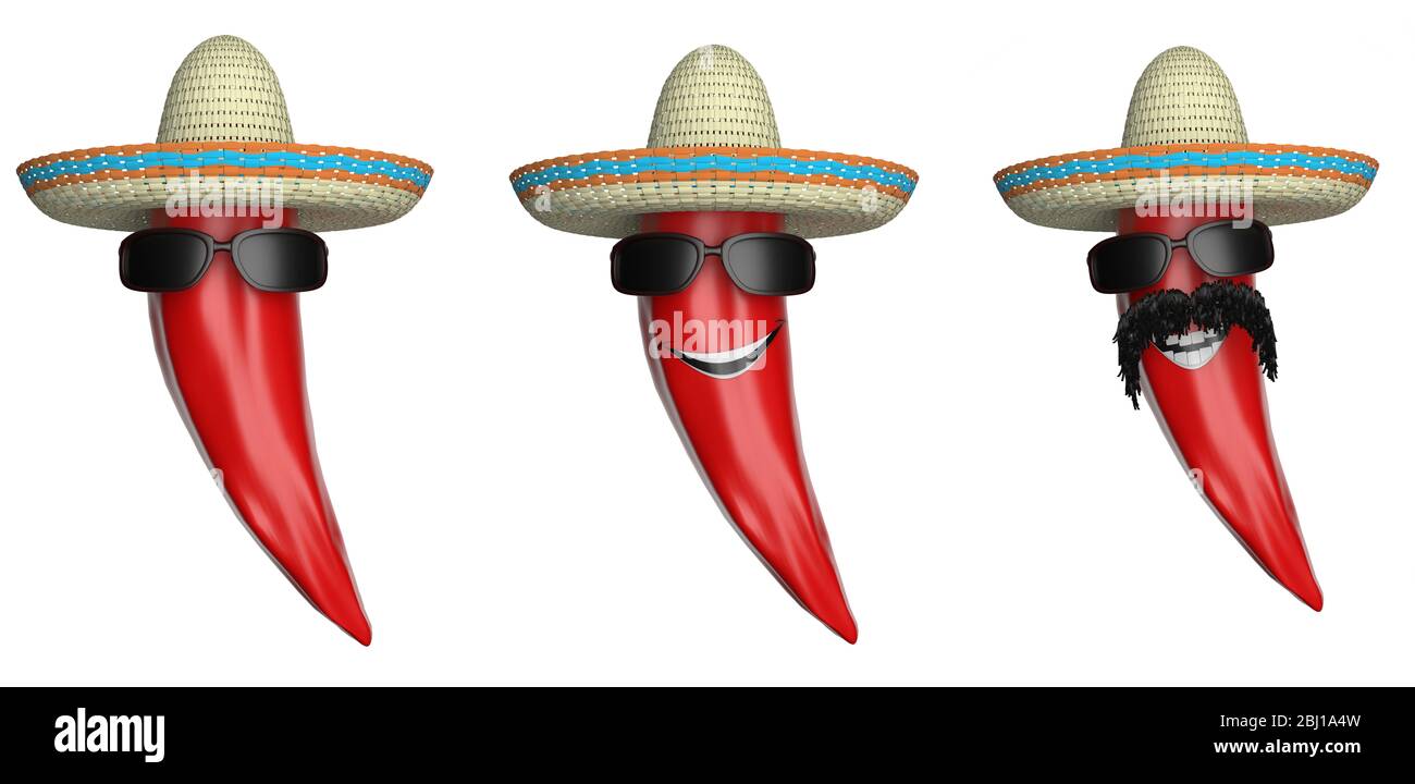 Les piments rouges chauds ont isolé la découpe sur fond blanc. Émoticone évolution des poivrons mexicains avec un chapeau de sombrero, des lunettes de soleil, une moustache et un grand sourire. Banque D'Images