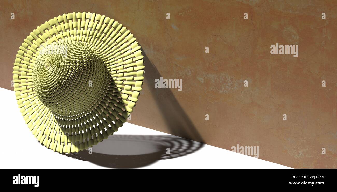 Chapeau de paille d'été contre un mur peint de couleur marron. Accessoire pour tête de plage pour la protection solaire, espace de copie. illustration tridimensionnelle Banque D'Images