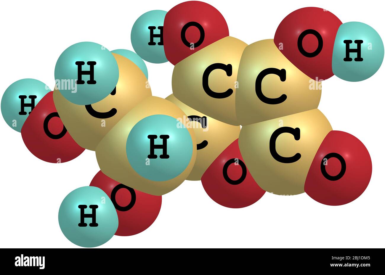 Modèle structural d'acide ascorbique, connu sous le nom de vitamine C. isolé sur fond blanc. Banque D'Images