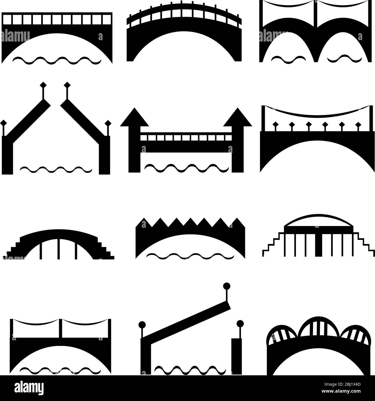 Un jeu de silhouettes de pont noires. Architecture moderne et rétro. Route sur la rivière. Icônes vectorielles. Illustration de Vecteur