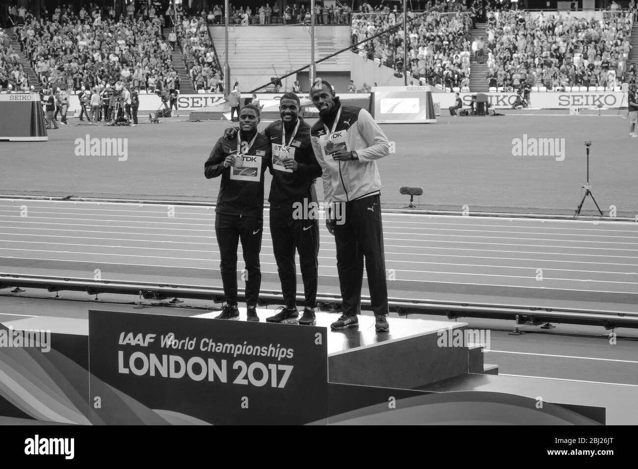 Le 100 m cérémonie de remise des prix au London 2017 es Championnats du monde à Londres, Royaume-Uni, 06 août 2017. Banque D'Images