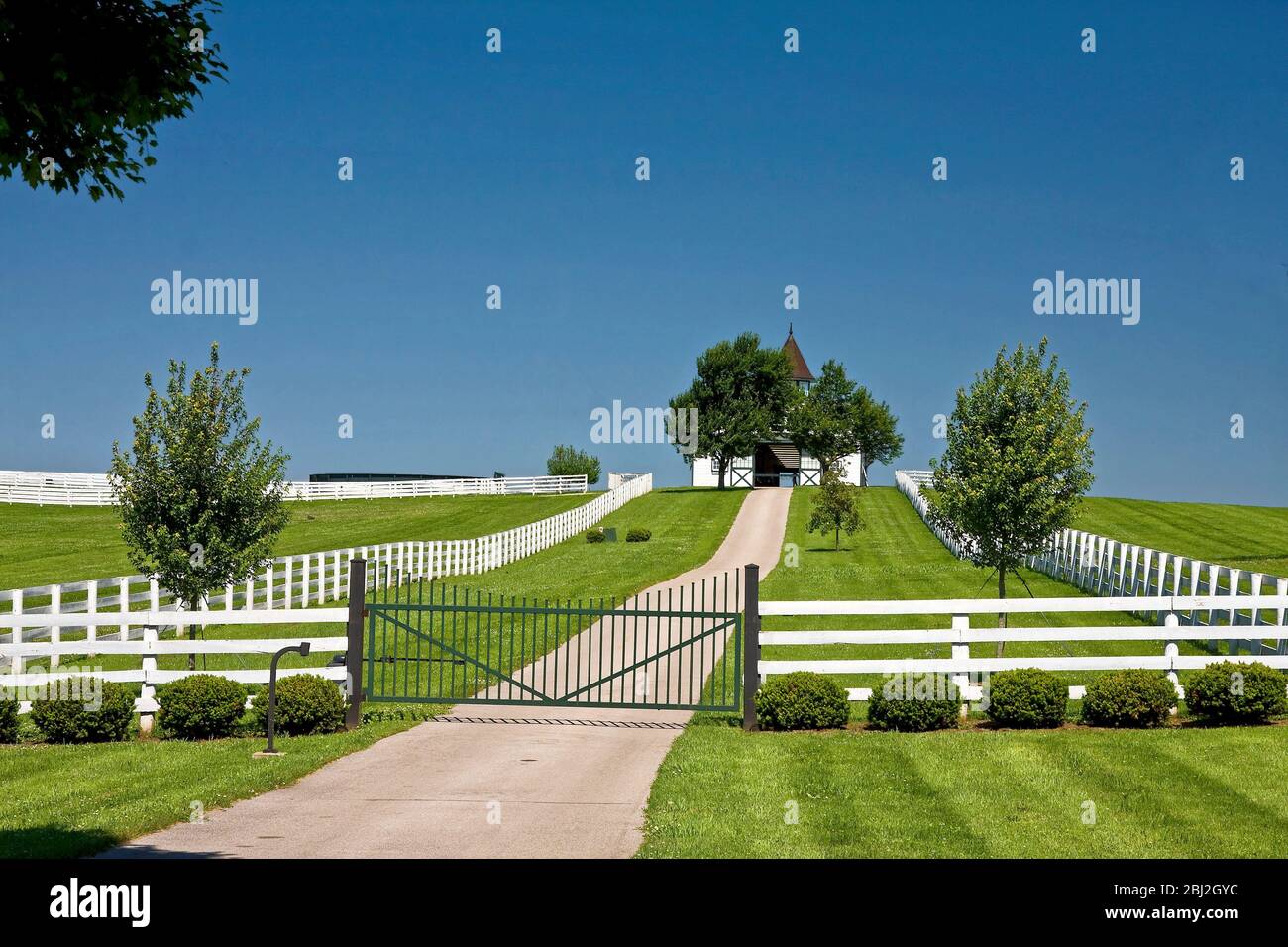 Scène de ferme de cheval, grange, allée, portail en fer, clôtures blanches, pâturages, rural, région de Bluegrass; Kentucky; USA; Lexington; KY; printemps; horizontal Banque D'Images