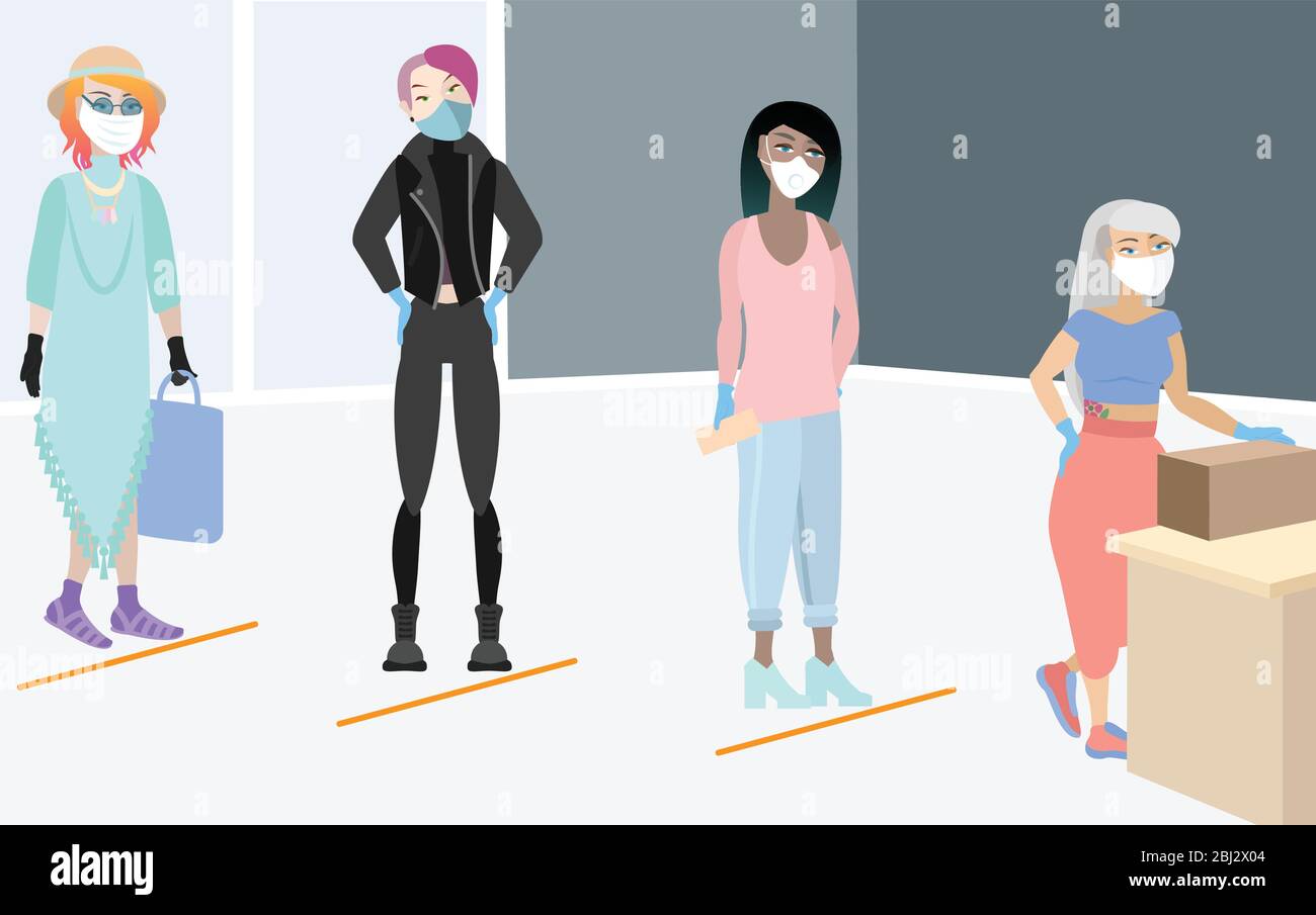 Personnages de dessin animé en ligne d'attente pendant le pandième covid de coronavirus. À distance et à l'aide de masques et de gants. Protection personnelle c Illustration de Vecteur