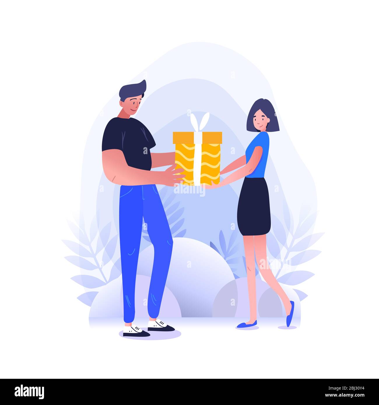 L'homme donne une boîte de présentation ou d'importance à son collègue ou membre de l'équipe. Couleurs d'entreprise, illustration vectorielle plate d'entreprise. Illustration de Vecteur