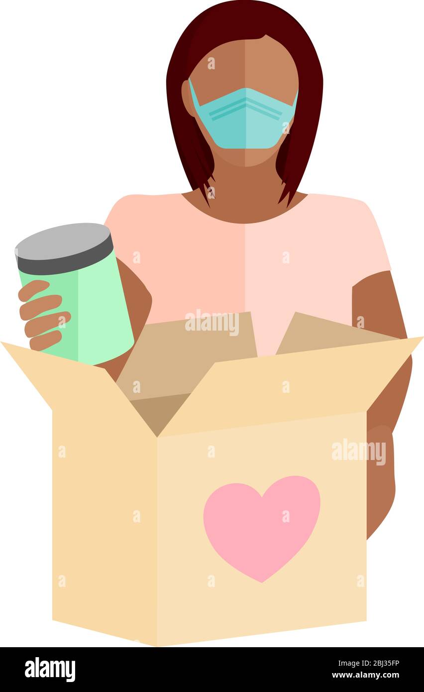 Femme portant un masque qui emballe une boîte pleine d'aliments pour donner à ceux qui ont besoin d'aide pendant la pandémie de coronavirus COVID-19 Illustration de Vecteur
