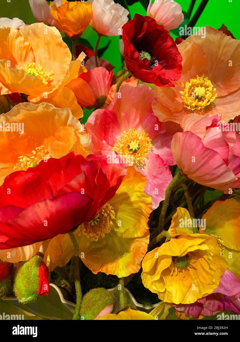 Vue rapprochée de fausses compositions de fleurs artificielles. Banque D'Images