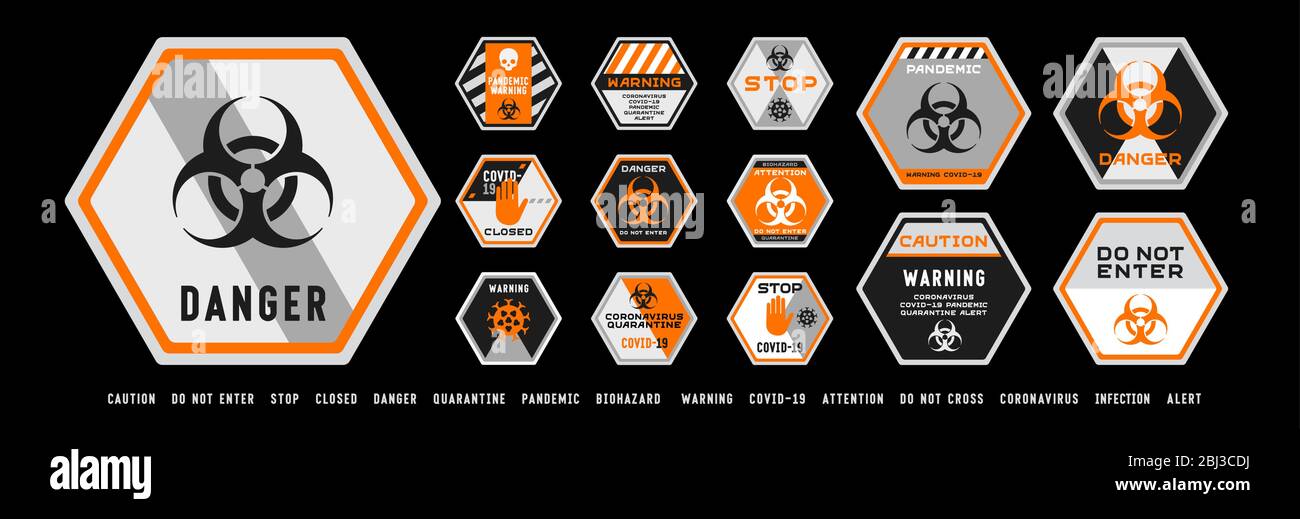 Ensemble de signes d'avertissement et d'interdiction de biodanger de quarantaine du coronavirus covid-19. Design noir et orange très détaillé. Alerte épidémie et pandémie. Illustration de Vecteur