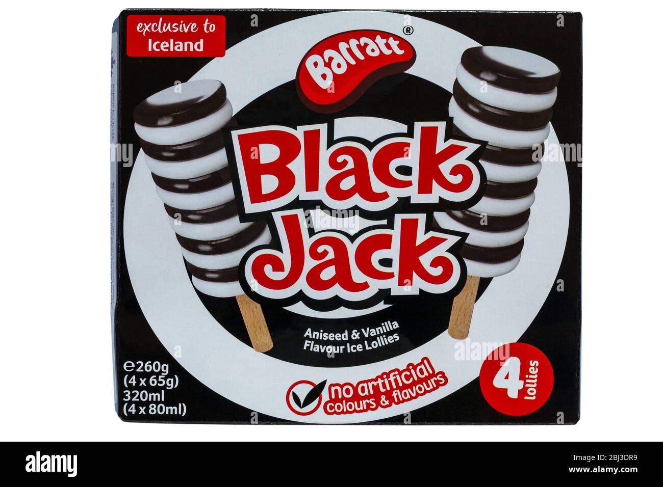 Boîte de langoules de glace à l'anis et à la vanille Barratt Black Jack, exclusives à l'Islande, isolées sur fond blanc Banque D'Images