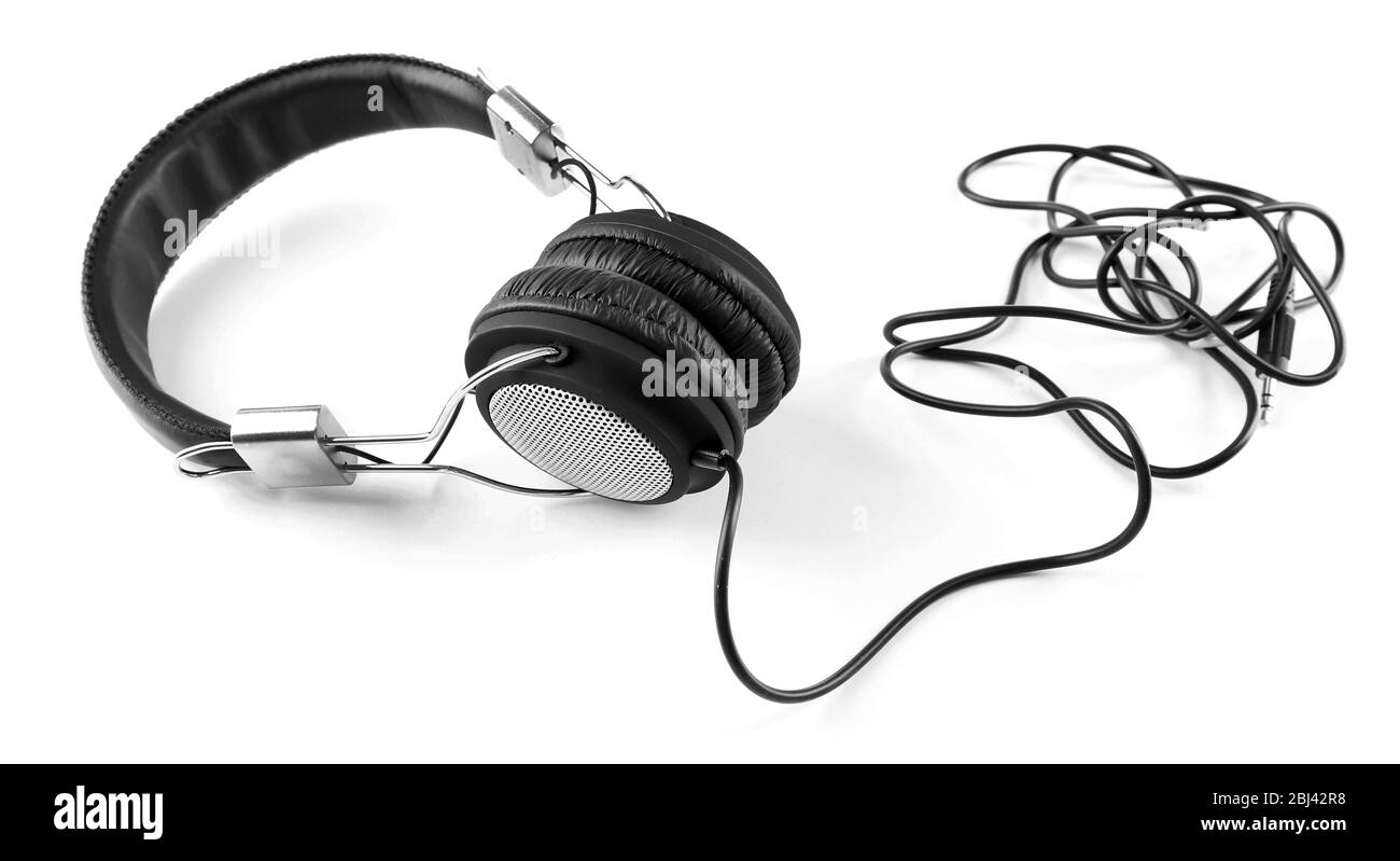 Black headphones isolated on white Banque D'Images