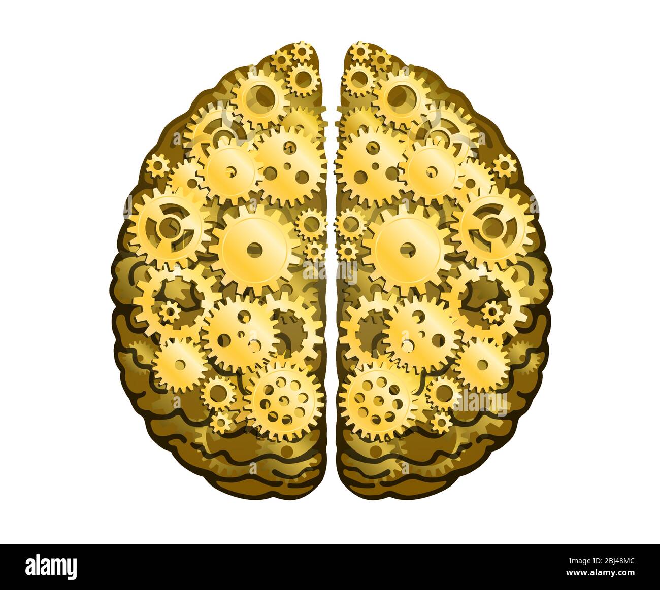 Cerveau humain mécanique vectoriel. Hemisphères cérébraux, convolutions du cerveau mental. Roues et engrenages à crémaillère en métal doré, processus de réflexion et de recherche Illustration de Vecteur