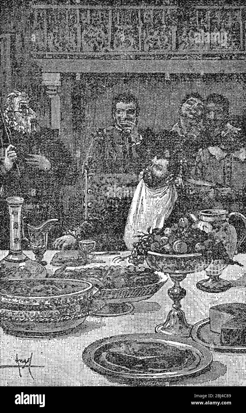 Don Quichotte scène de roman. Illustration de Calleja Edition publiée en 1916. Sancho Panza avec le docteur Pedro Recio dans son gouvernement de Barataria Banque D'Images