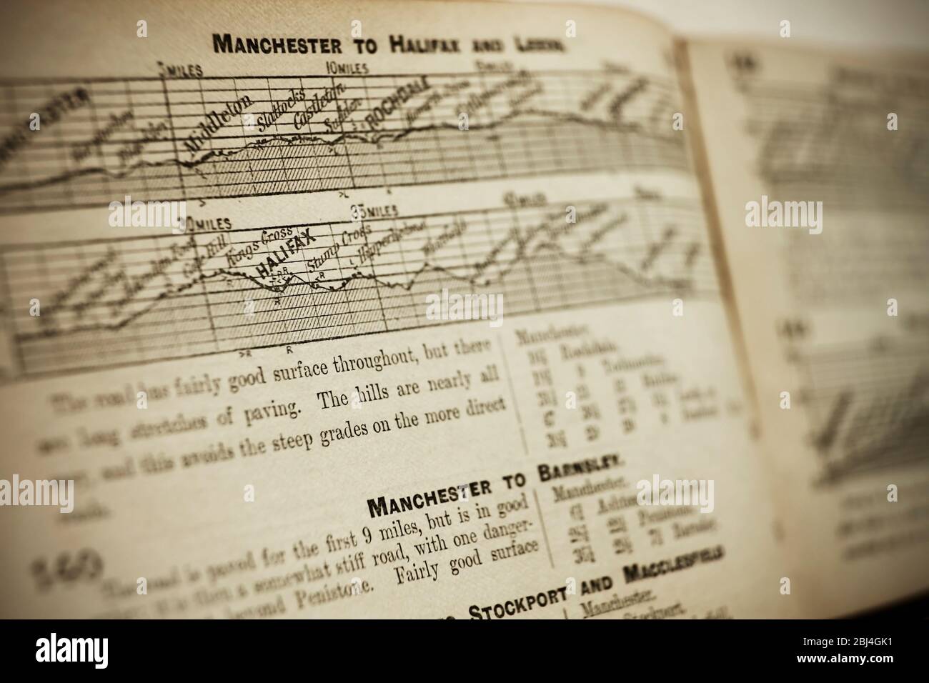 Profils de gradient pour les routes de Manchester à Halifax et Leeds, dans un livre de profils de routes vintage utilisés par les conducteurs lors de la planification des itinéraires. Banque D'Images