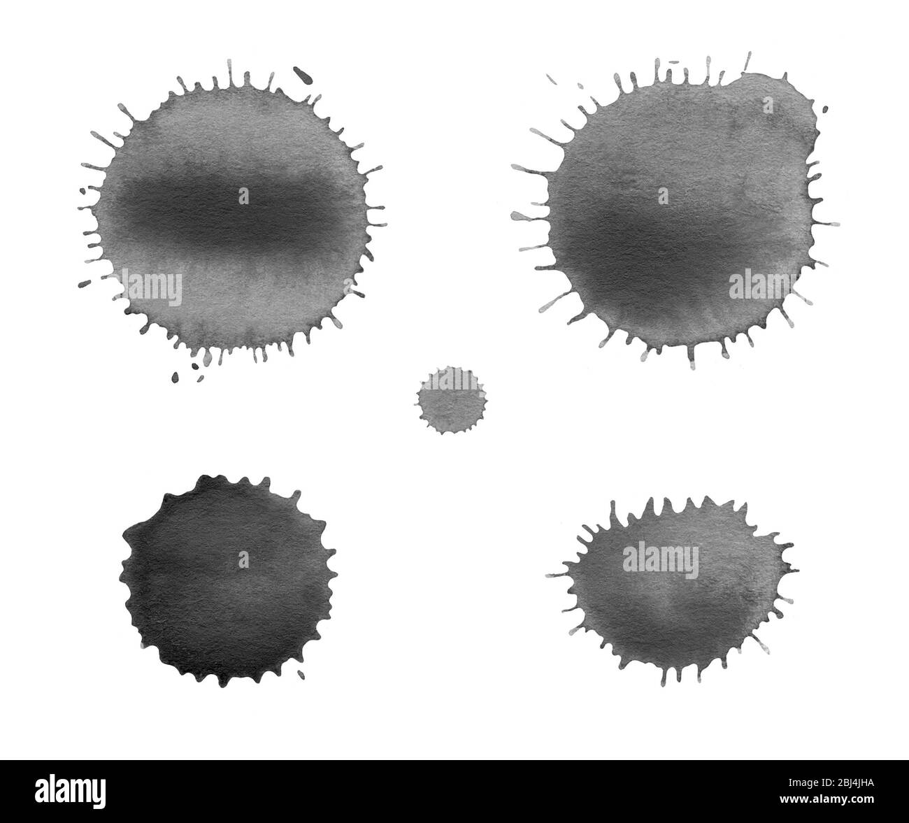 Des éclaboussures d'aquarelle isolées sur fond blanc. Jeu de taches d'aquarelle noires. Plaques d'encre noire isolées Banque D'Images
