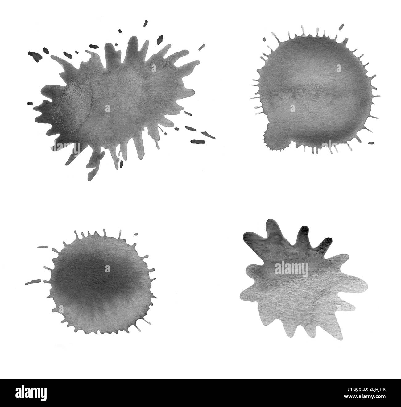 Des éclaboussures d'aquarelle isolées sur fond blanc. Jeu de taches d'aquarelle noires. Plaques d'encre noire isolées Banque D'Images