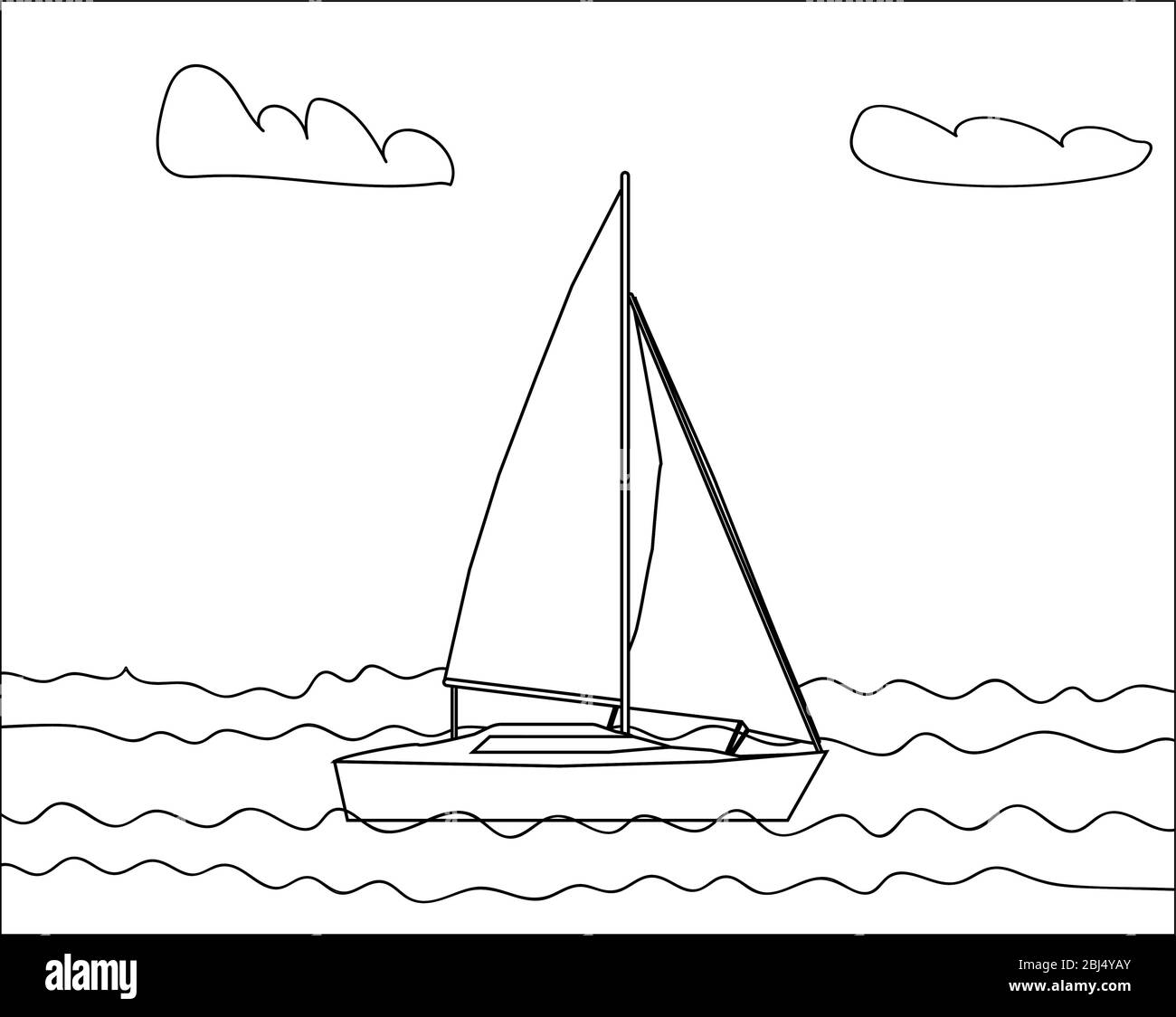 colorier le yacht avec deux voiles flottant sur l'eau sur un fond blanc avec des nuages blancs Illustration de Vecteur