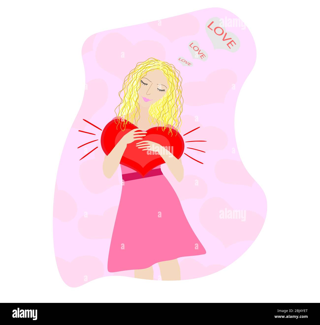 fille avec cheveux corsés blond dans une robe rose avec un coeur rouge pressé à ses rêves d'amour Illustration de Vecteur