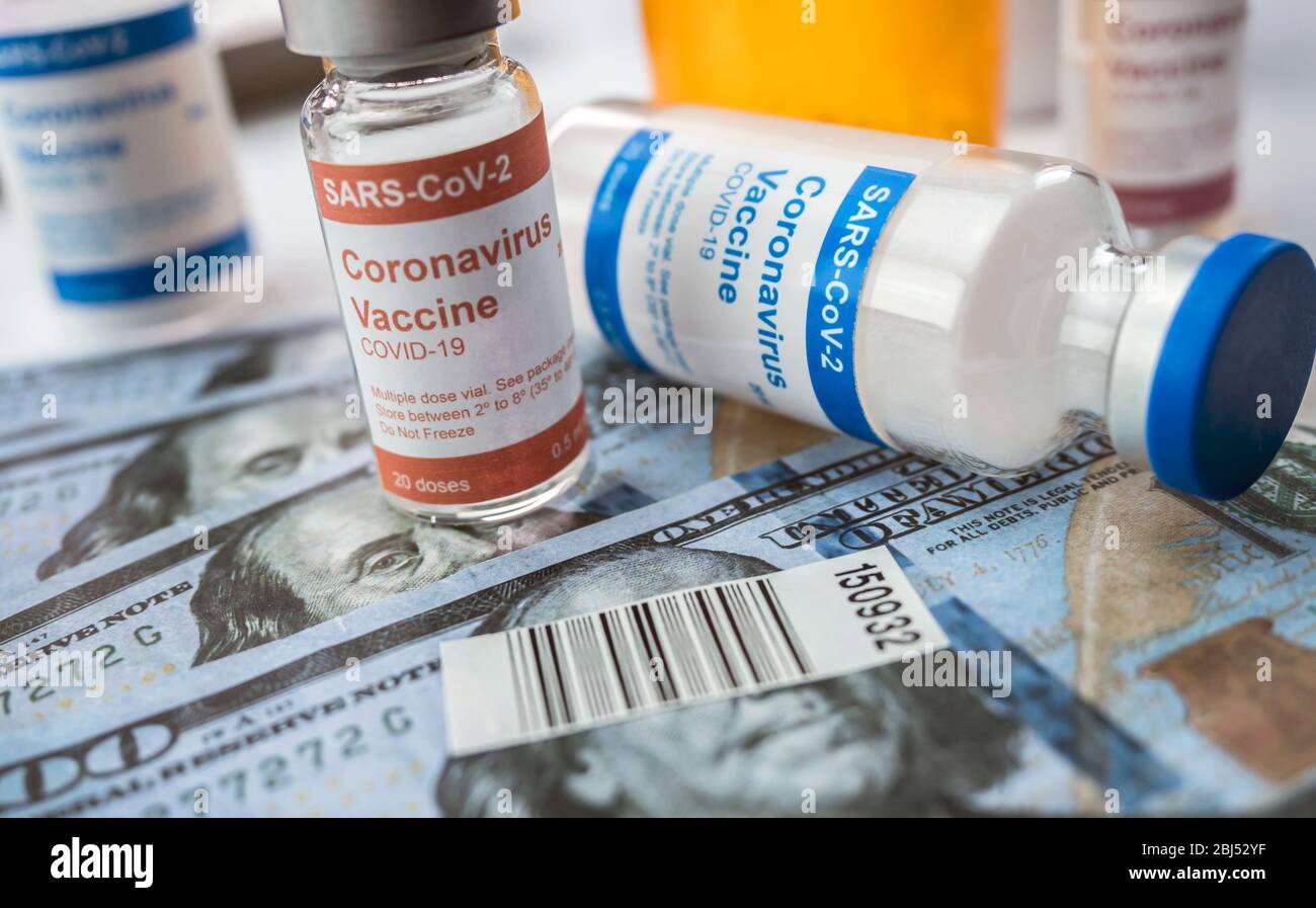 Flacon de coronavirus sur les billets américains, image conceptuelle Banque D'Images