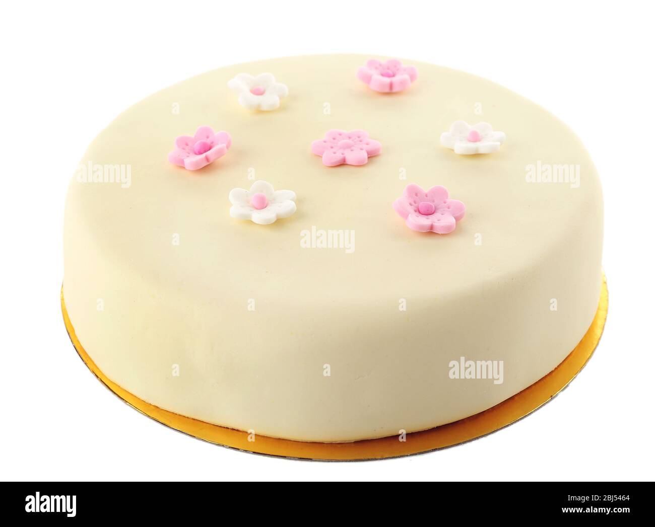 Gateau Avec Des Fleurs De Pate De Sucre Isole Sur Blanc Photo Stock Alamy
