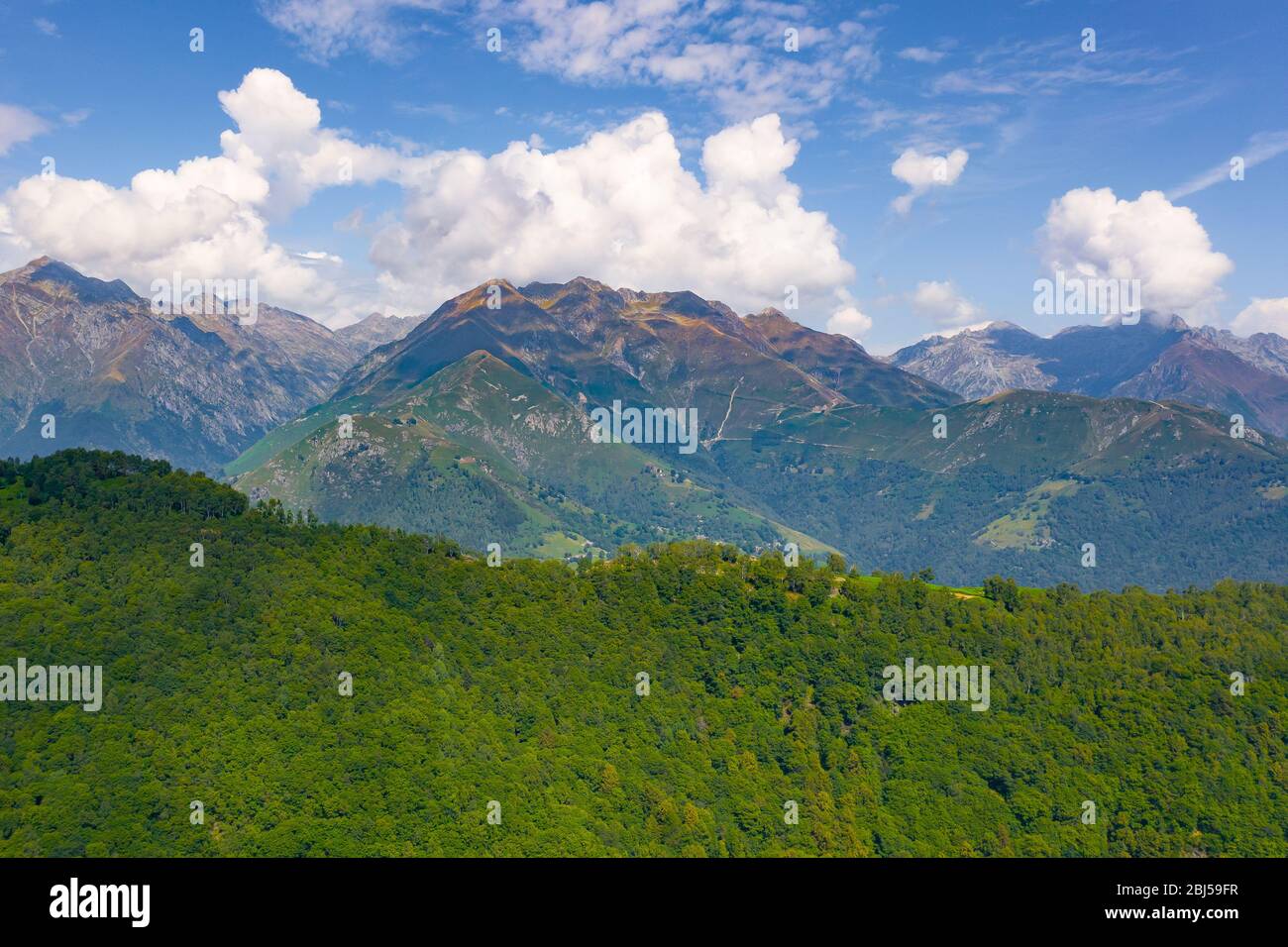 Panorama à grand angle Alpes montagnes sur le fond et arbres au premier plan. Concept de carte postale de voyage Banque D'Images