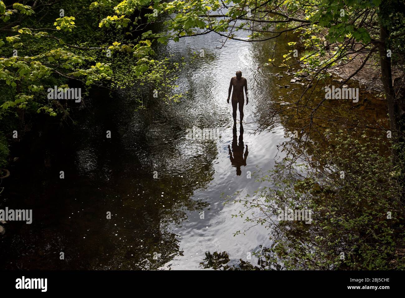 Une des sculptures de Sir Antony Gormley '6 Fois' dans l'eau de Leith à Stockbridge, Édimbourg, Écosse. ROYAUME-UNI. Banque D'Images