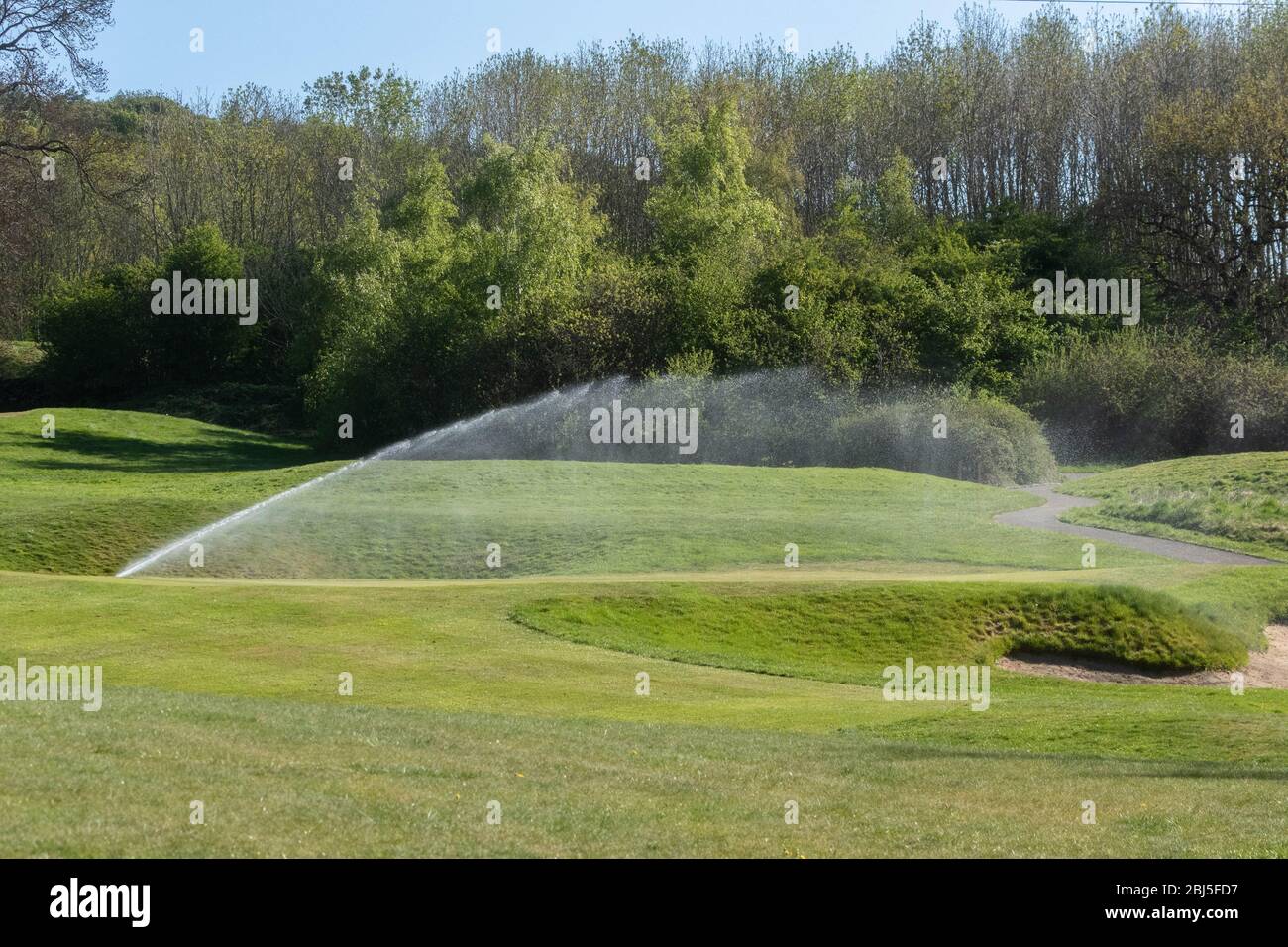 Un système d'irrigation arrosant un parcours de golf. Banque D'Images