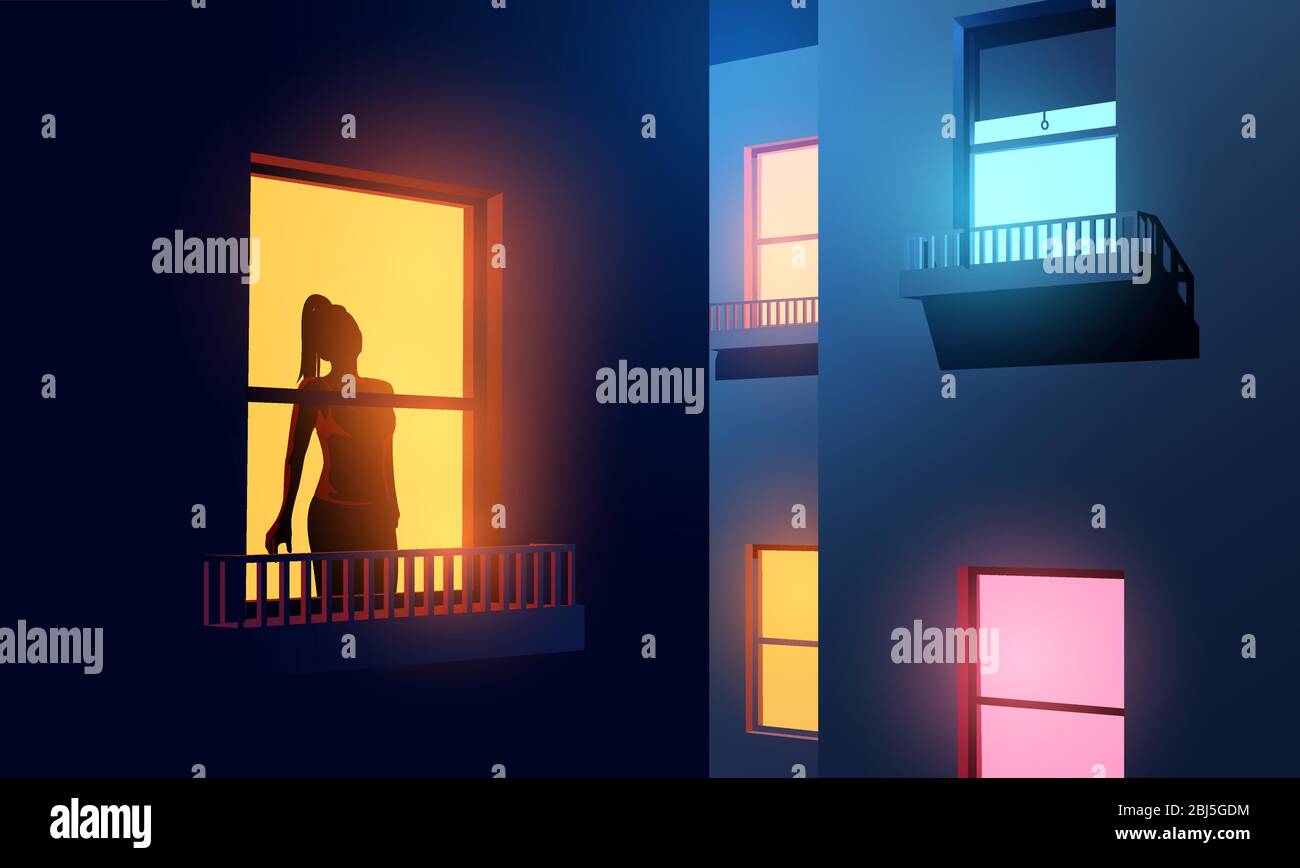 Une femme a été tassée de silhouetted regardant hors de sa fenêtre lumineuse d'appartement la nuit pendant le verrouillage de Covid-19. Auto-isolation et le maintien en raison du coronavirus. Illustration de Vecteur
