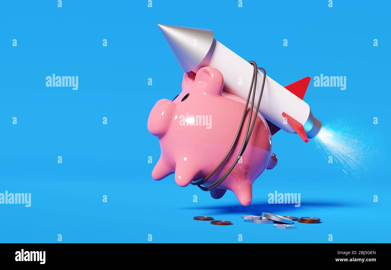 Faites des économies. Une banque de pigeons roses s'est enlancée dans une fusée qui la lance dans l'air. Concept d'argent et d'économies. Illustration tridimensionnelle. Banque D'Images