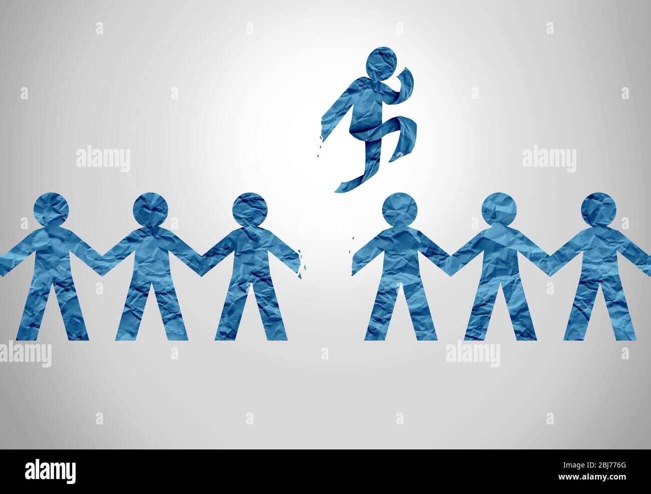 Concept individuel et se démarquer de l'icône de la foule en tant que leader du changement de jeu montrant le courage de penser différent plomb ou une forme physique. Banque D'Images