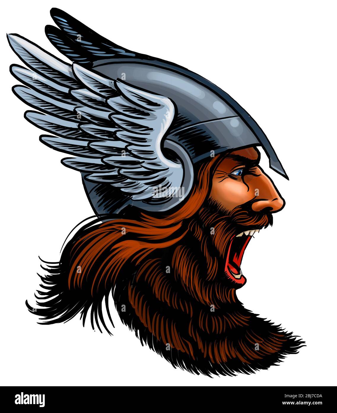 Furieux viking en casque à oreilles. Illustration numérique Banque D'Images