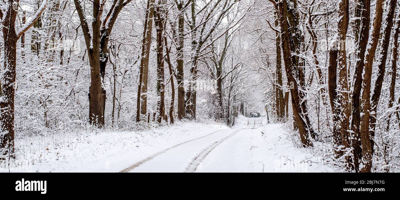 Une neige de printemps au Michigan, aux États-Unis, fait de ce trajet un paysage magique dépoli Banque D'Images