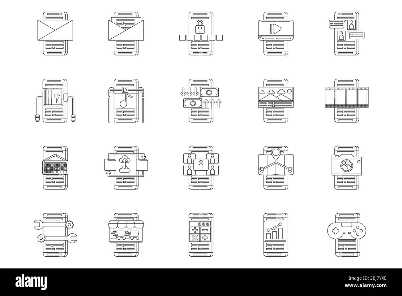 20 application smartphone, icône en forme de contour noir. Jeu d'icônes linéaires de technologie moderne. Illustration de Vecteur