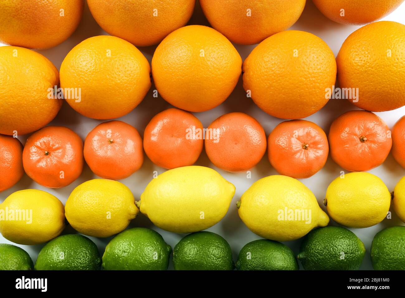Agrumes mélangés colorés triés et alignés en rangées, gros plan Banque D'Images