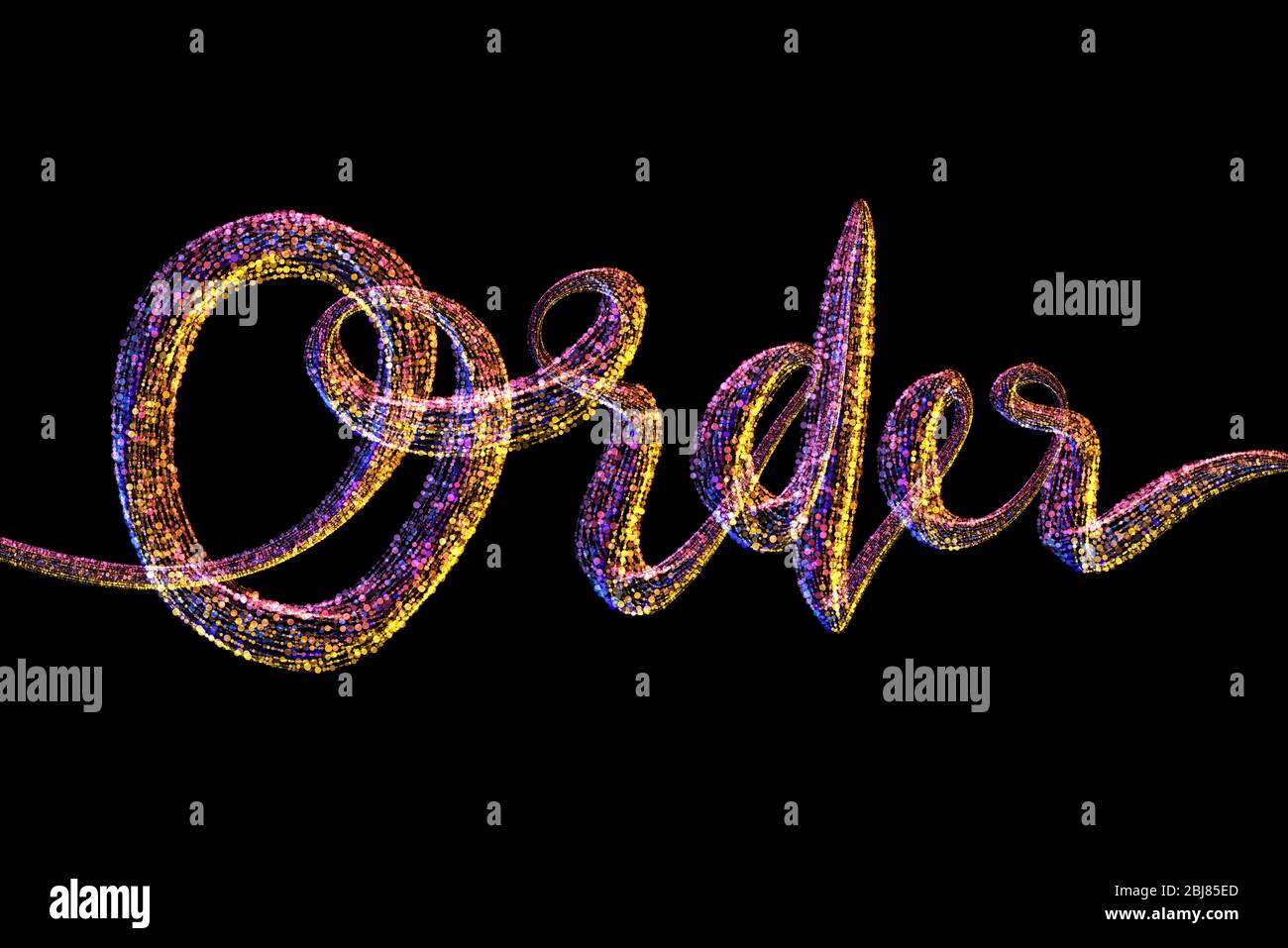 L'ordre des mots fait de particules colorées isolées sur le noir arrière-plan Banque D'Images