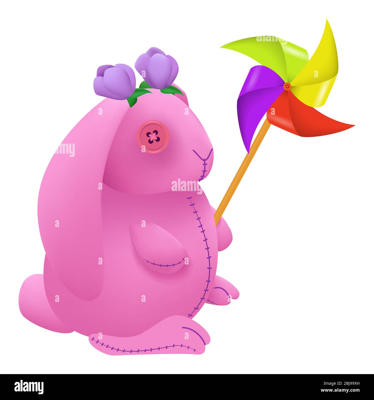 jouet de lapin rose avec moulin à vent. lièvre avec plumes au lieu des yeux. illustration vectorielle de couleur saturée Illustration de Vecteur