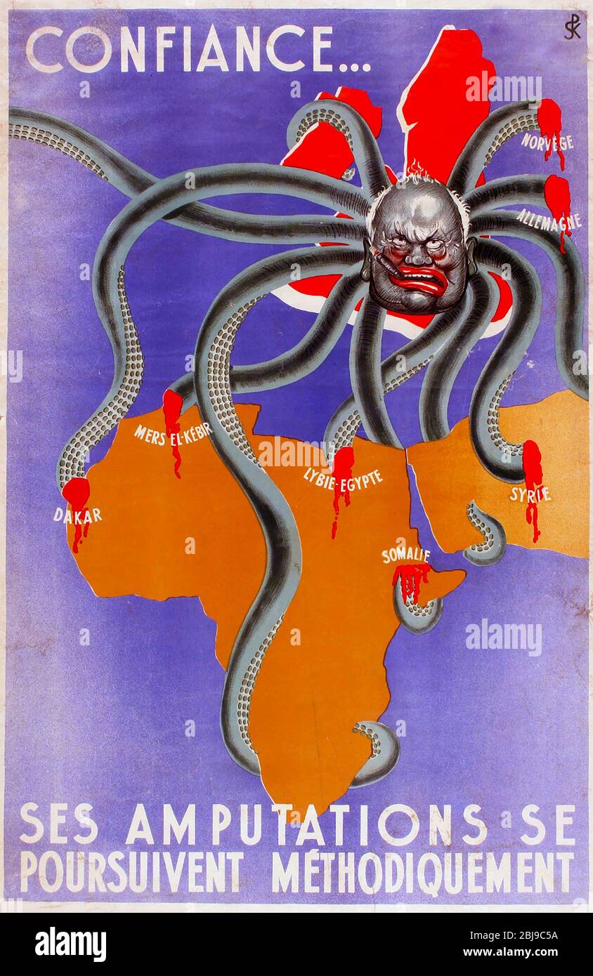 AFFICHE VICHY FRANCE anti-Churchill revendiquant la victoire sur ses projets militaires. Banque D'Images