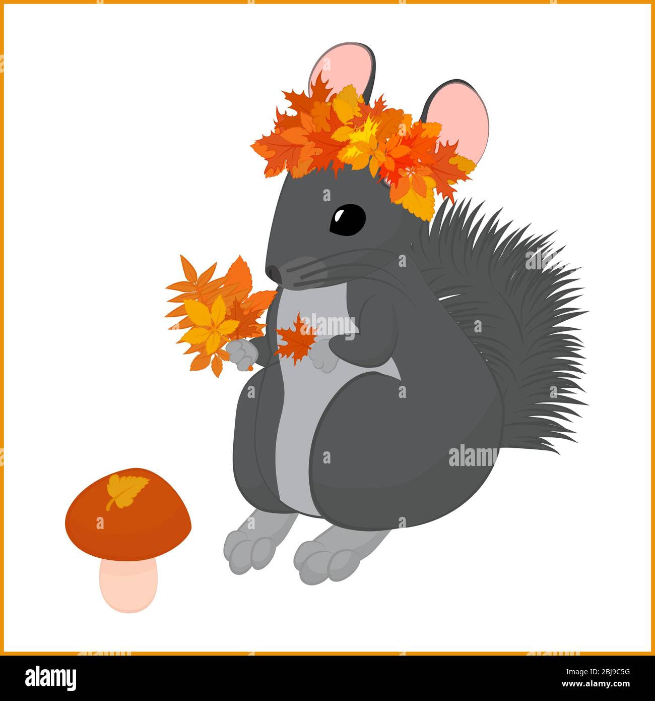 Illustration vectorielle de la caricature de la chinchilla grise dans la couronne des feuilles d'automne. Illustration de l'automne mignonne isolée sur blanc Illustration de Vecteur
