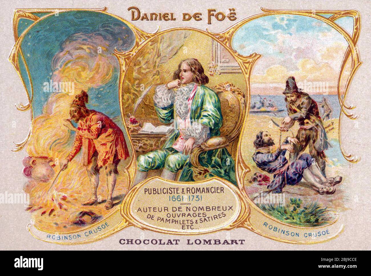 DANIEL DEFOE (c 1660-1731) sur une carte promotionnelle française au chocolat Banque D'Images