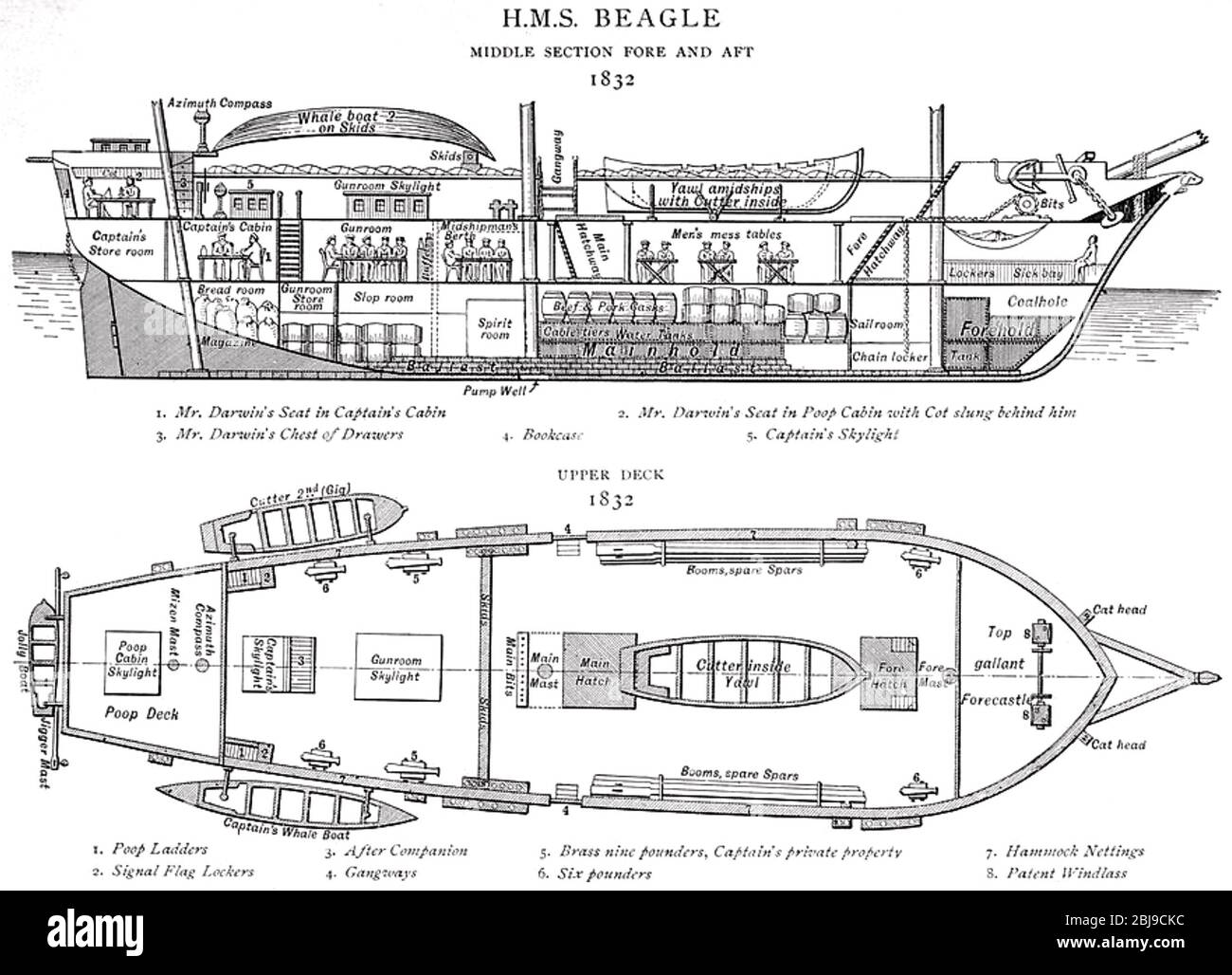 HMS BEAGLE brig-sloop de la Marine royale, tel qu'il est installé pour le voyage de contournement de Charles Darwin Banque D'Images