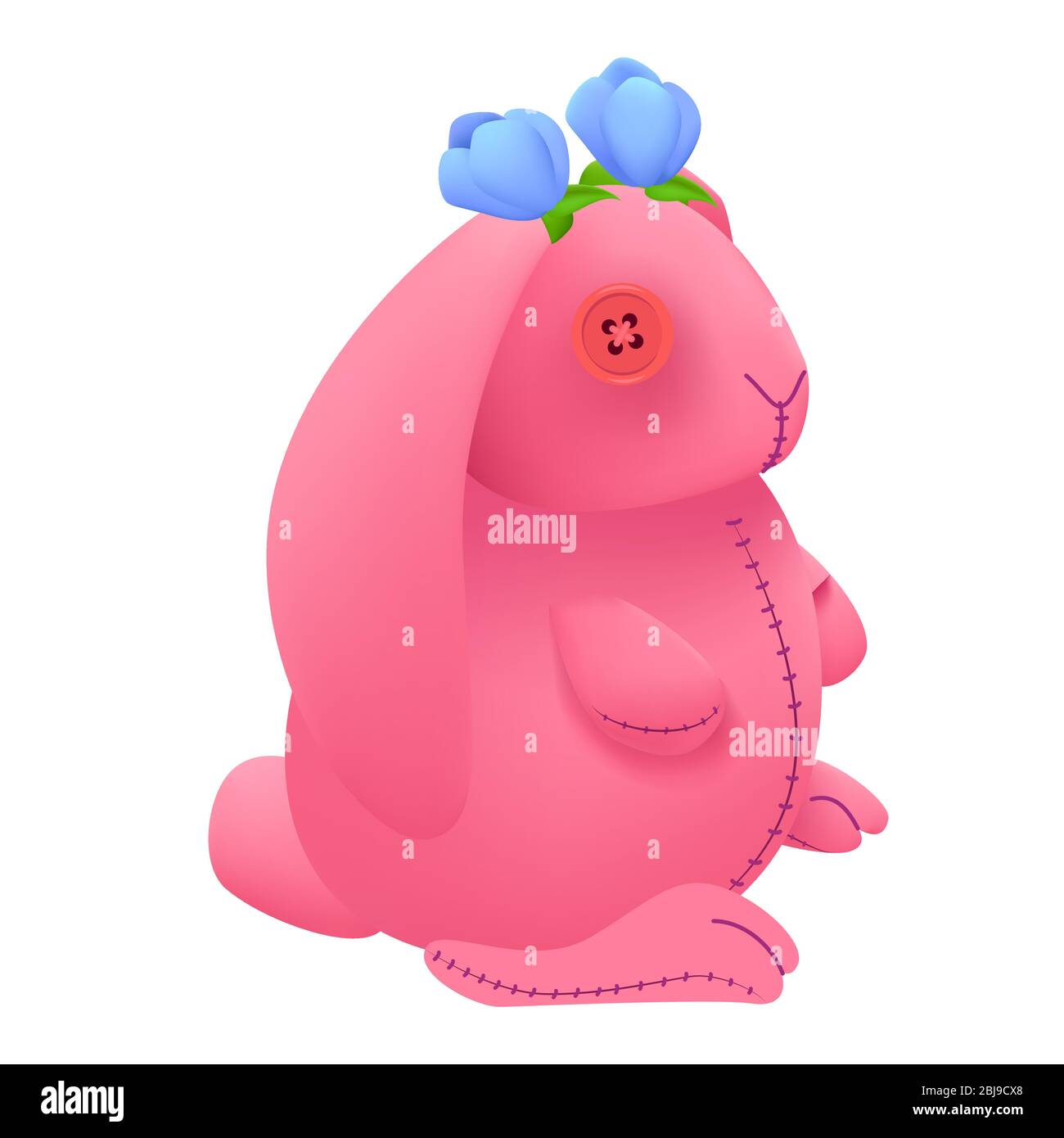 lièvre doux rose peluche avec fleurs bleues. isolé sur l'illustration vectorielle d'arrière-plan blanche Illustration de Vecteur