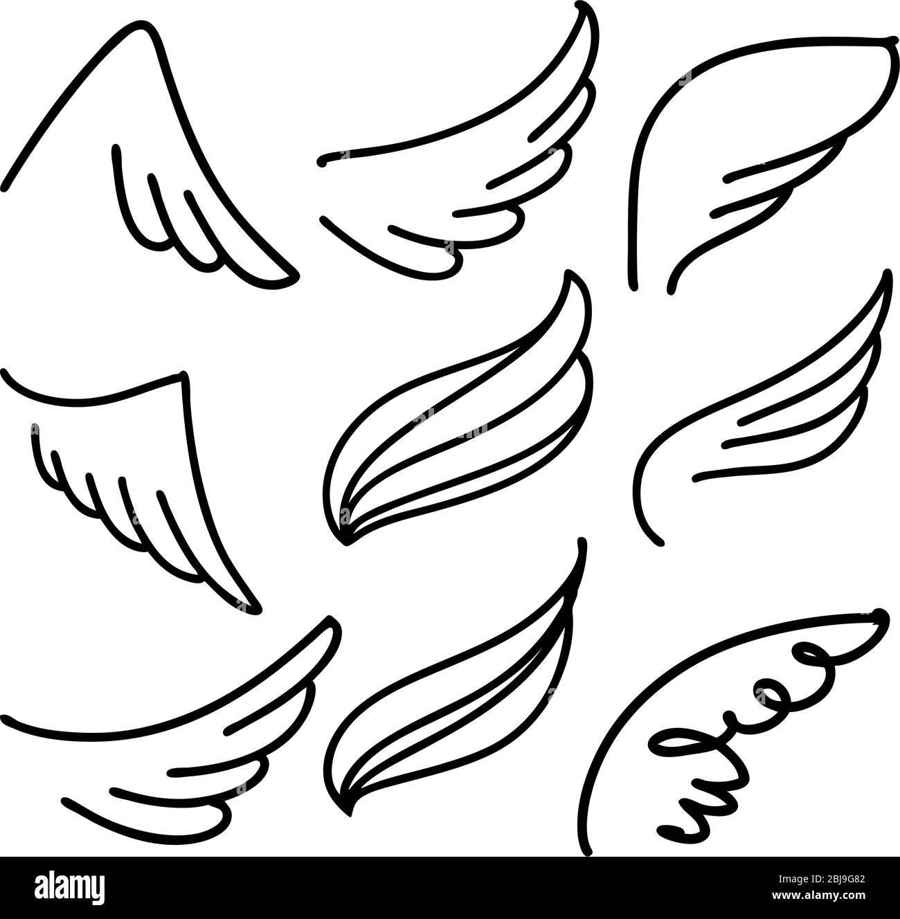 Angel Wings Icon set sketch, stylisé collection d'ailes d'oiseaux dessin animé à la main illustration vectorielle. Illustration de Vecteur