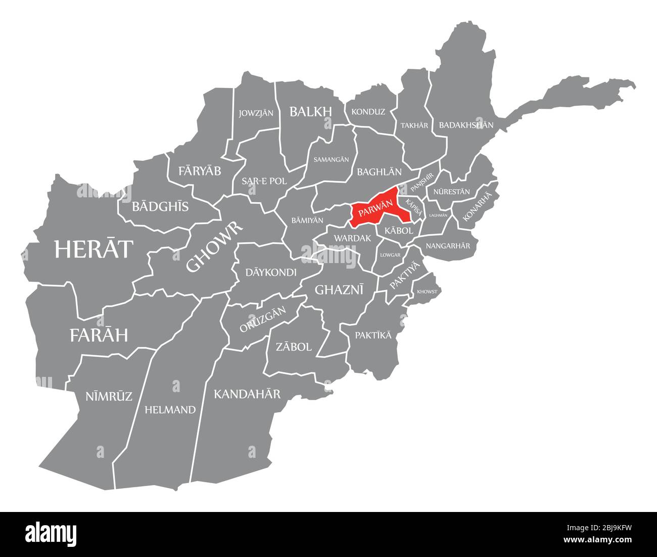 Parwan rouge mis en évidence dans la carte de l'Afghanistan Illustration de Vecteur