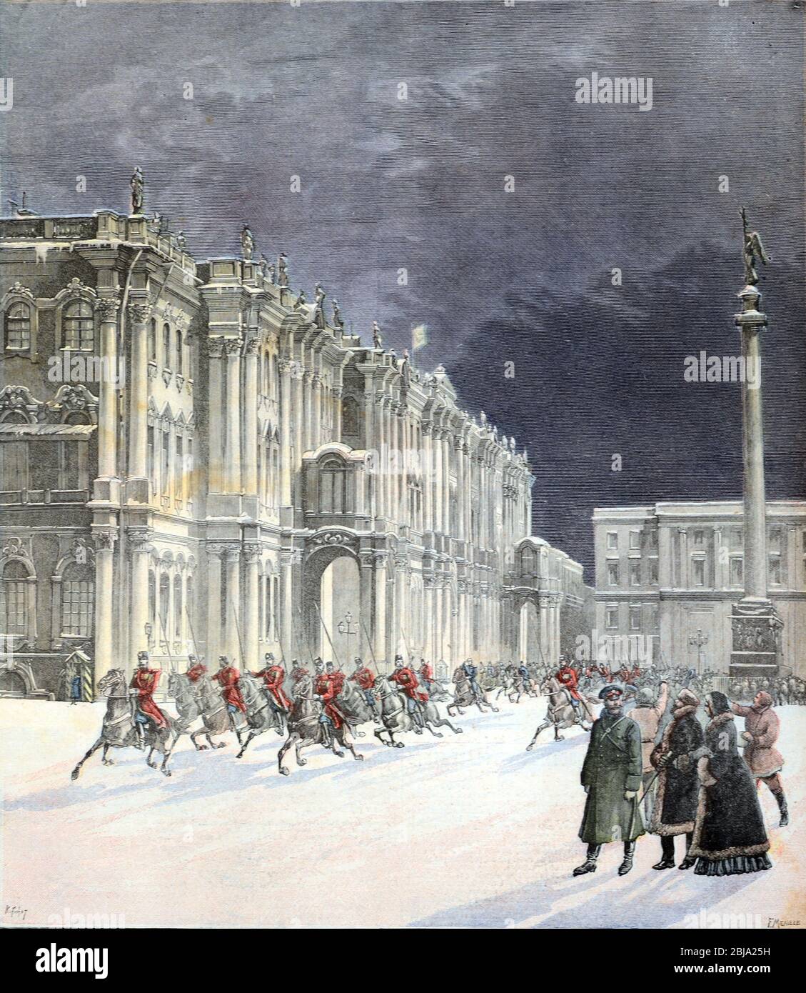 Procession militaire russe à l'extérieur du Palais d'hiver de l'hiver Saint Petersbourg Russie 1890. Vintage Illustration ou Gravure 1897 Banque D'Images