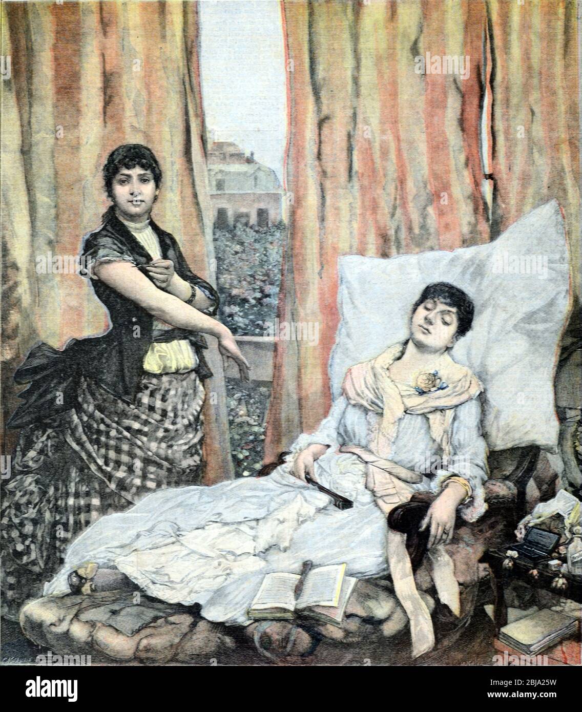 Dépendance à la morphine ou dépendance à la morphine chez les femmes riches ou de classe moyenne de Paris France dans les années 1890. Gravure ou illustration basée sur le travail du psychiatre français, Jacques-Joseph Moreau (1804-1884), qui a étudié les effets de substances psychoactives ou de médicaments, y compris le haschisch sur le système nerveux central. Auteur de hachisch & maladie mentale. Vintage Illustration ou Gravure 1897. Banque D'Images